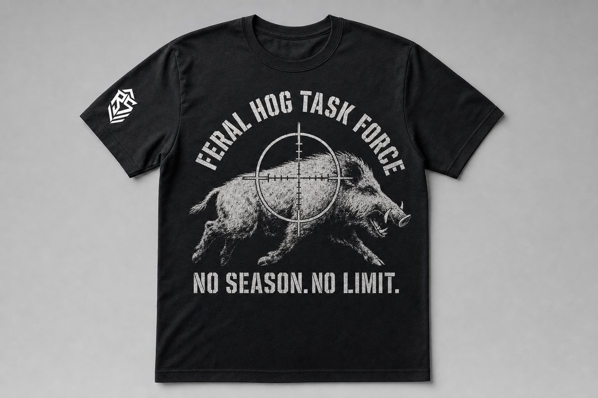 Black Reap and Sow t-shirt reading Feral Hog Task Force, No Season No Limit, with a wild boar in a rifle crosshair