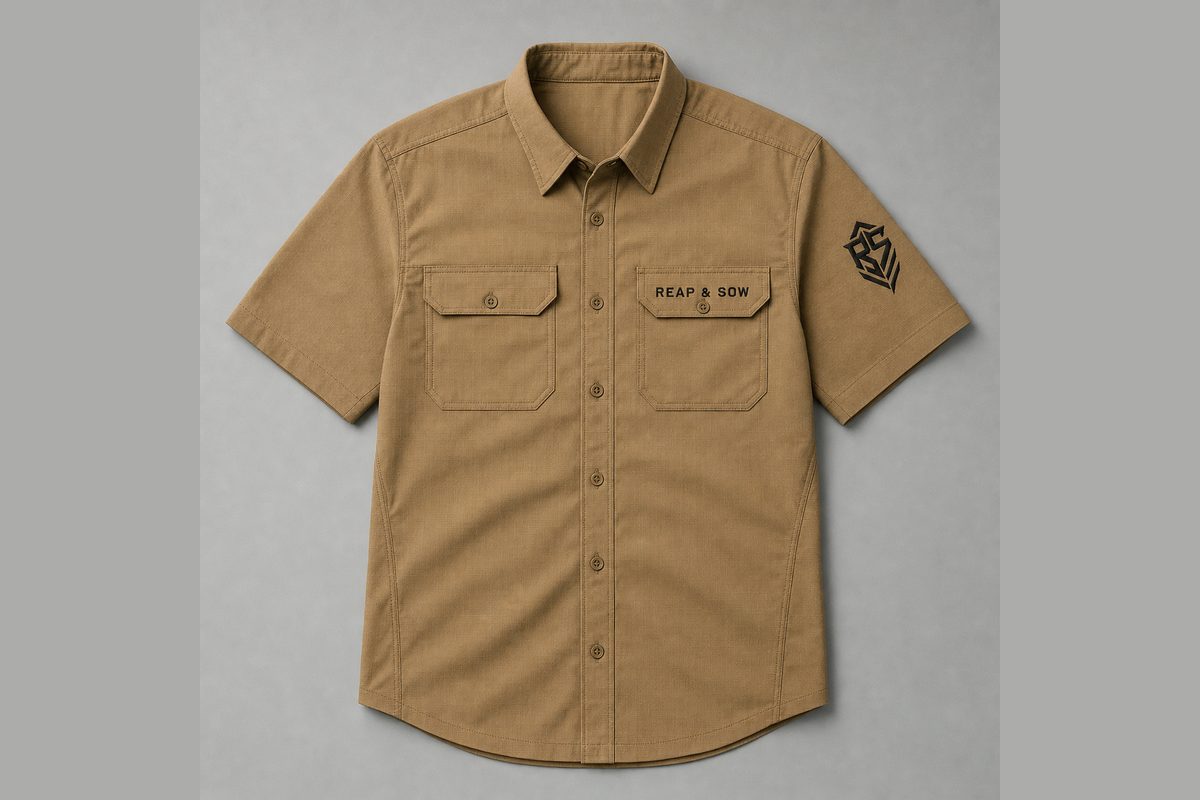 Coyote tan Reap and Sow ripstop short sleeve field work shirt with a black chest wordmark and sleeve monogram