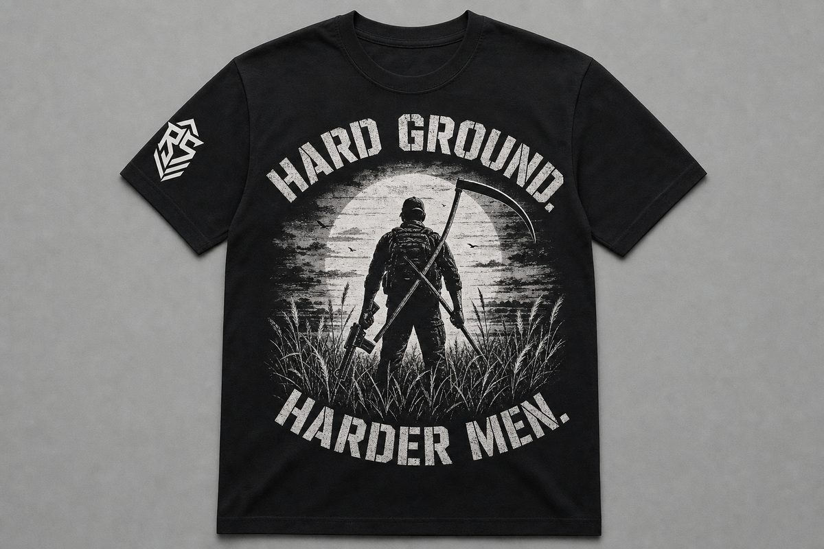 Black Reap and Sow t-shirt reading Hard Ground, Harder Men, with a figure carrying a scythe and rifle in tall grass at moonrise