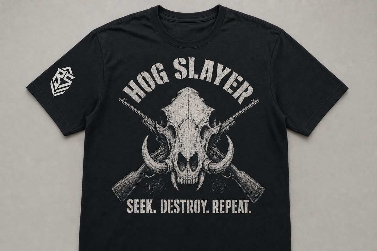 Black Reap and Sow t-shirt reading Hog Slayer, Seek Destroy Repeat, with a tusked boar skull over crossed rifles