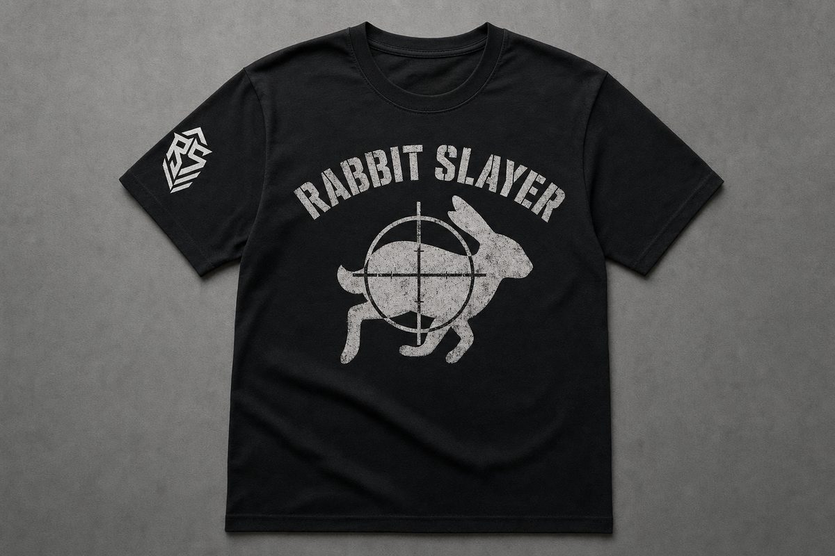 Black Reap and Sow t-shirt reading Rabbit Slayer with a jackrabbit silhouette in a rifle crosshair